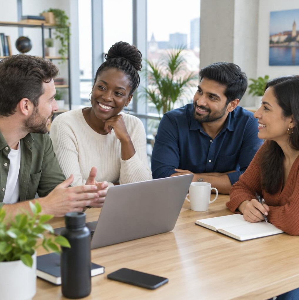 Group of colleagues talking around a table in a bright office