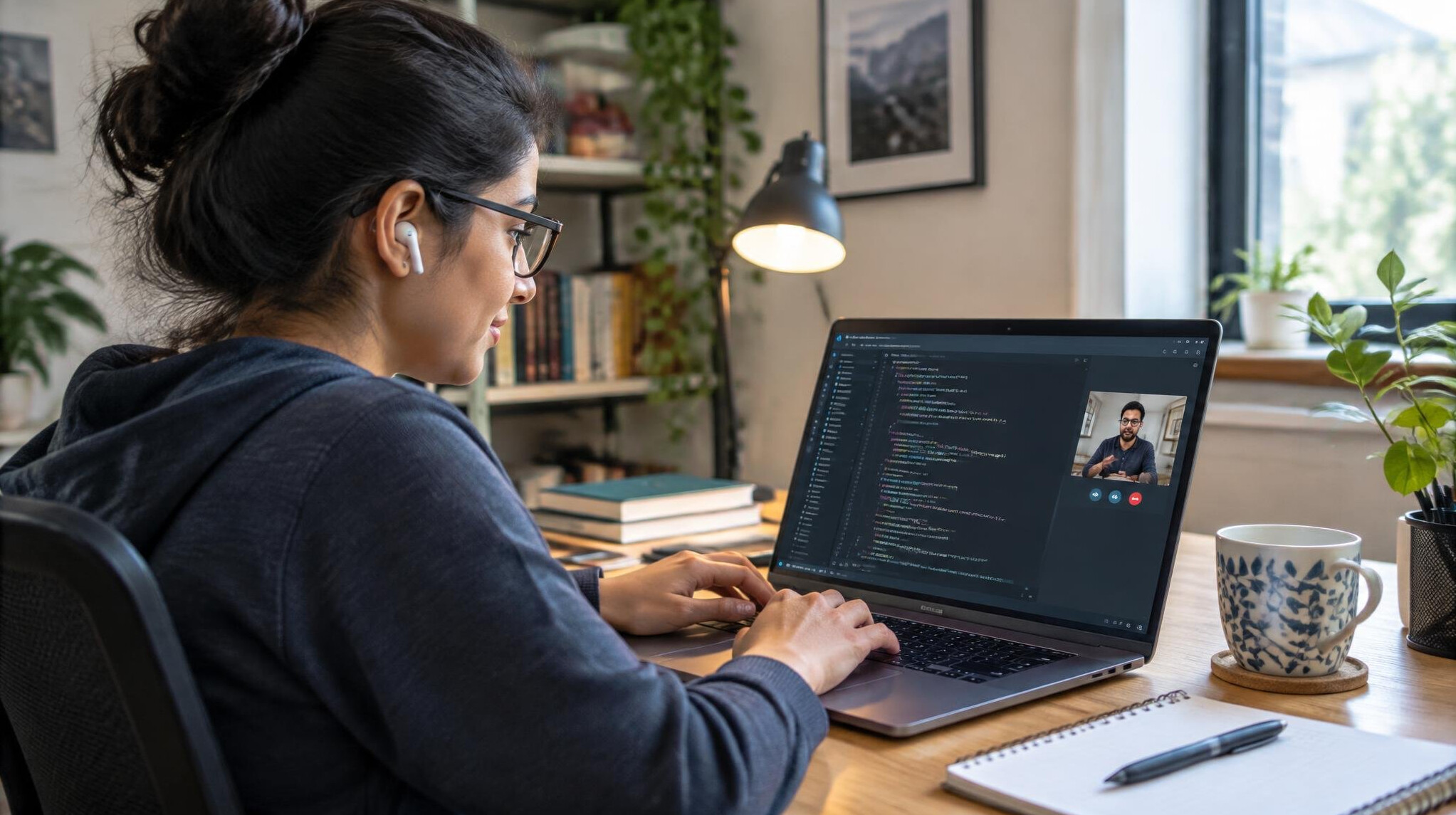 person studying at home laptop