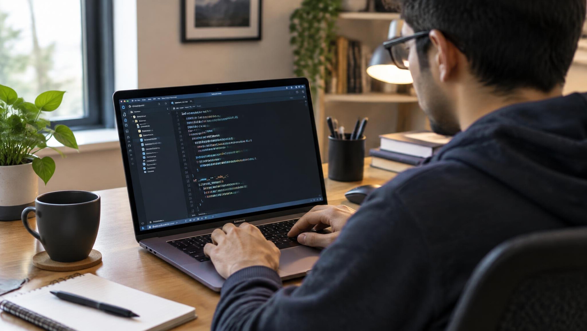 person writing code on laptop