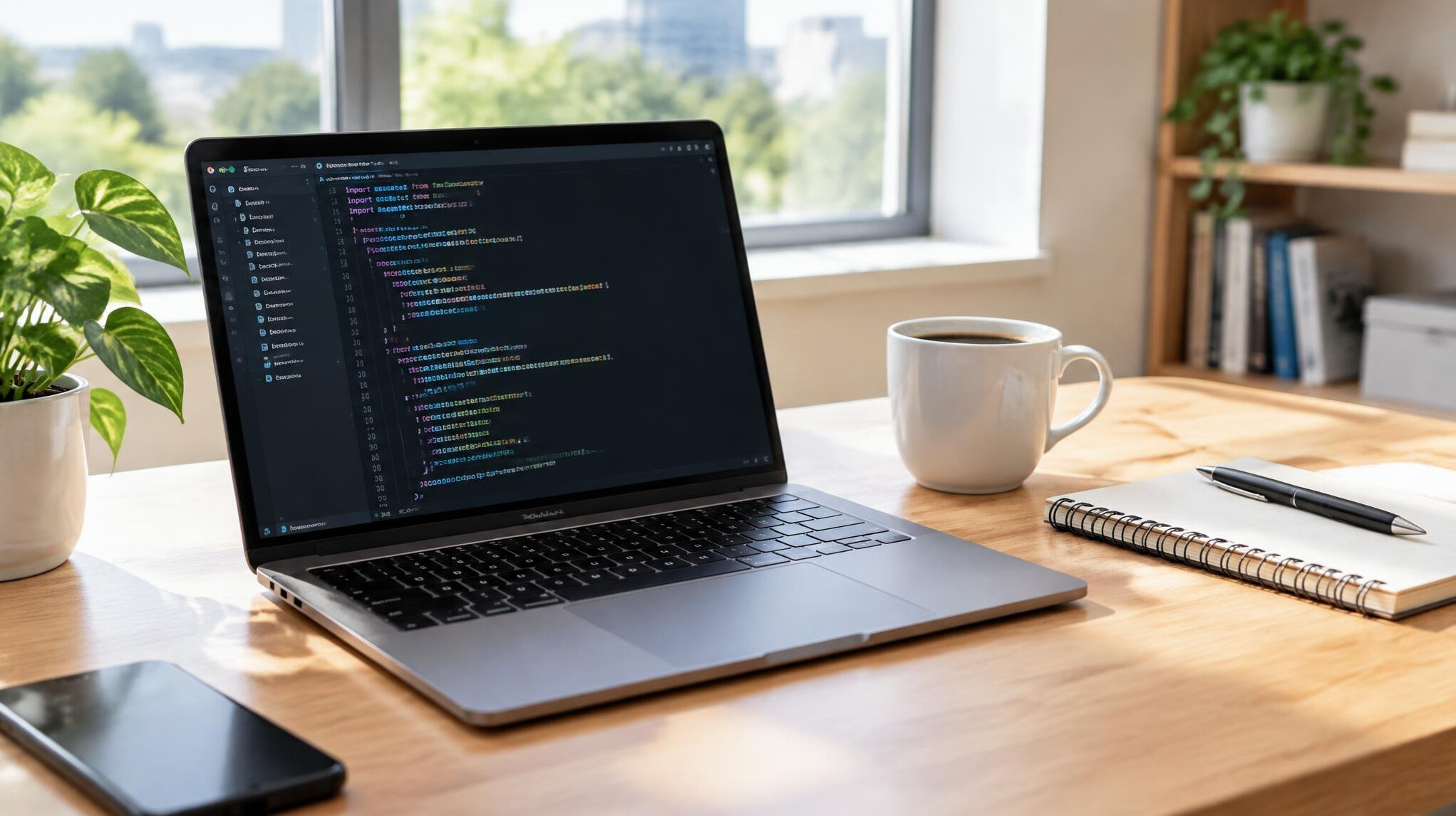 Laptop with code on a desk next to a coffee cup