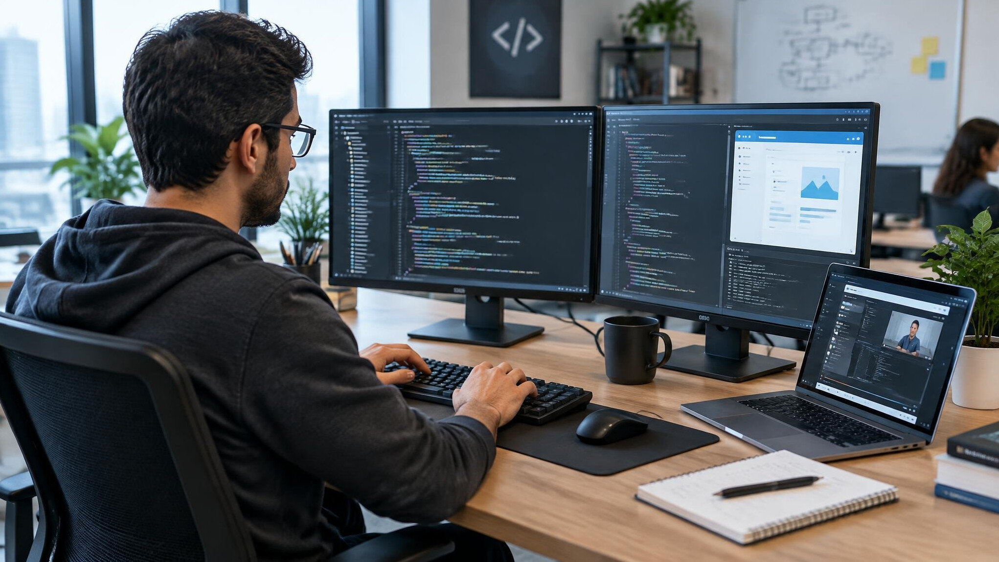 programmer at desk with multiple screens