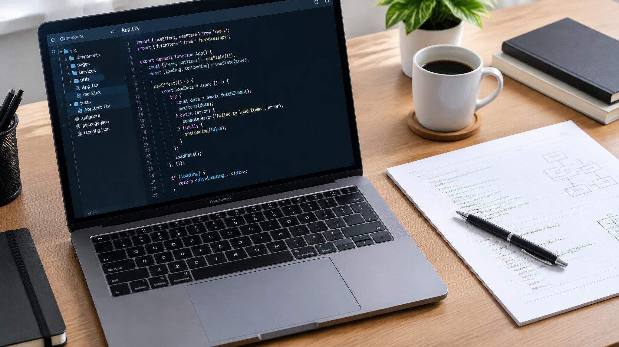 Laptop with code and a notebook for review