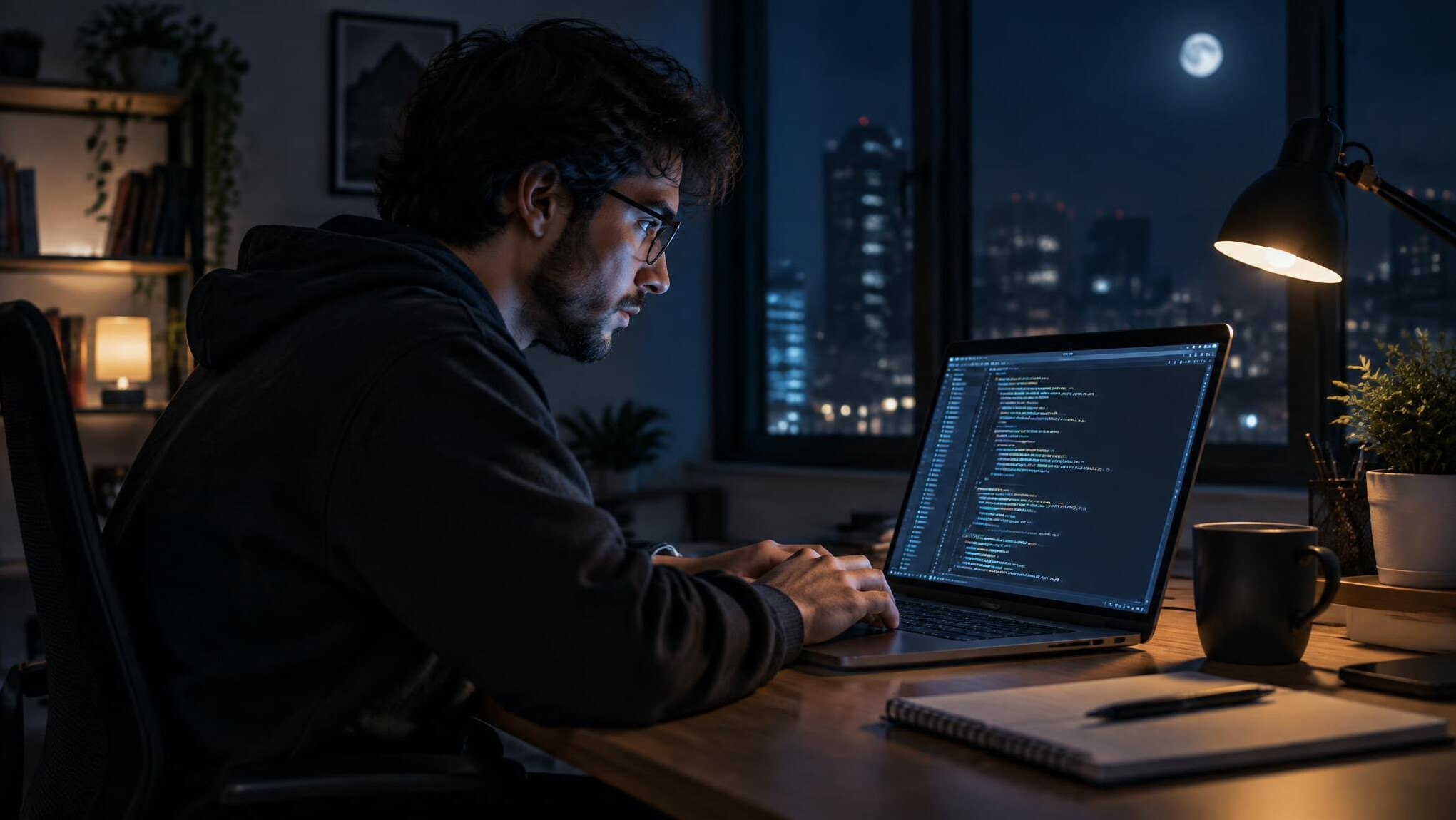 person working late on laptop