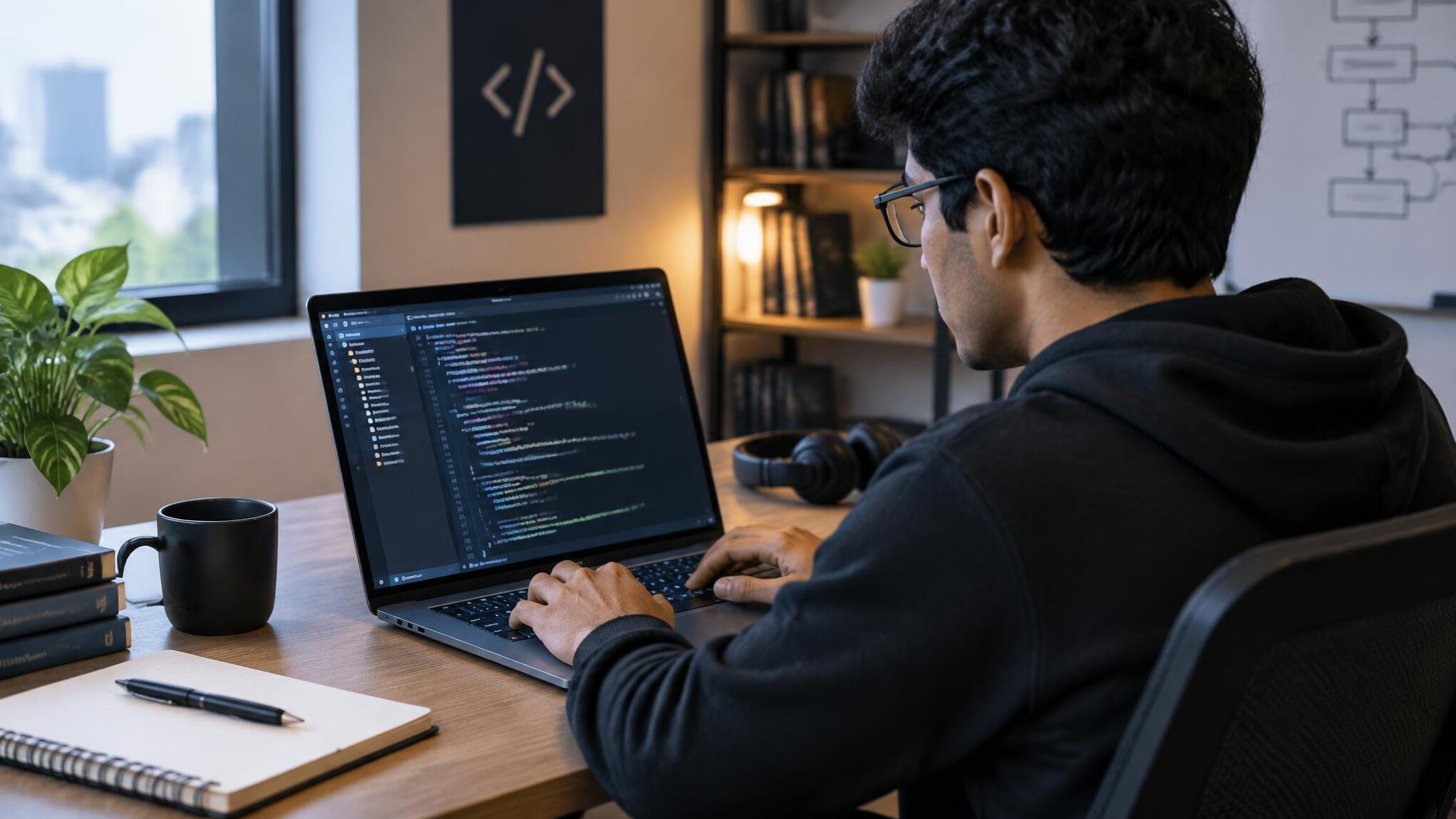 programmer coding on laptop