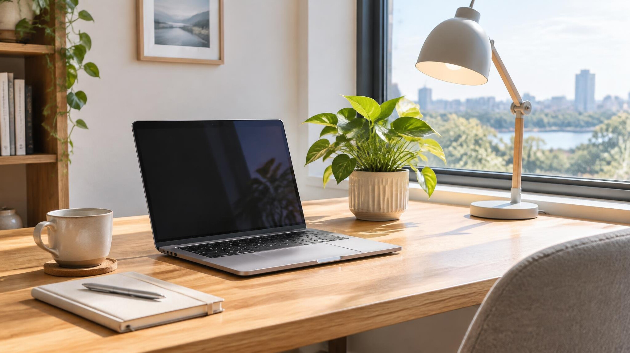 Bright workspace with laptop and plant